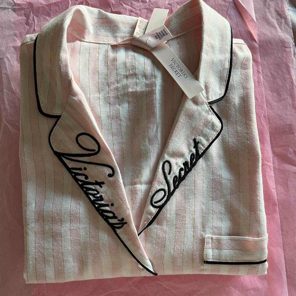Victoria's Secret Embroidered Flannel Long Pajama Set in Pink Iconic Stripes, M - Picture 3 of 3